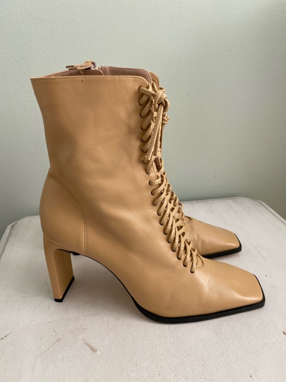 Zara Tan Lace-Up Leather Ankle Boots
